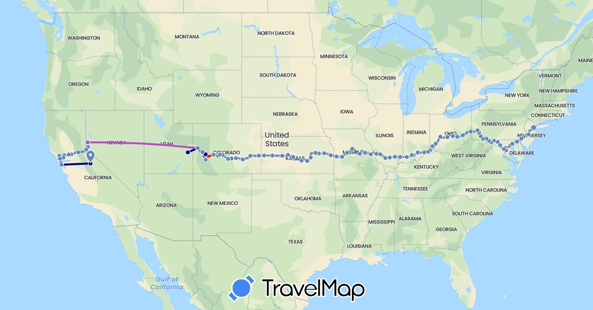 TravelMap itinerary: driving, cycling, train, huckepack in United States (North America)