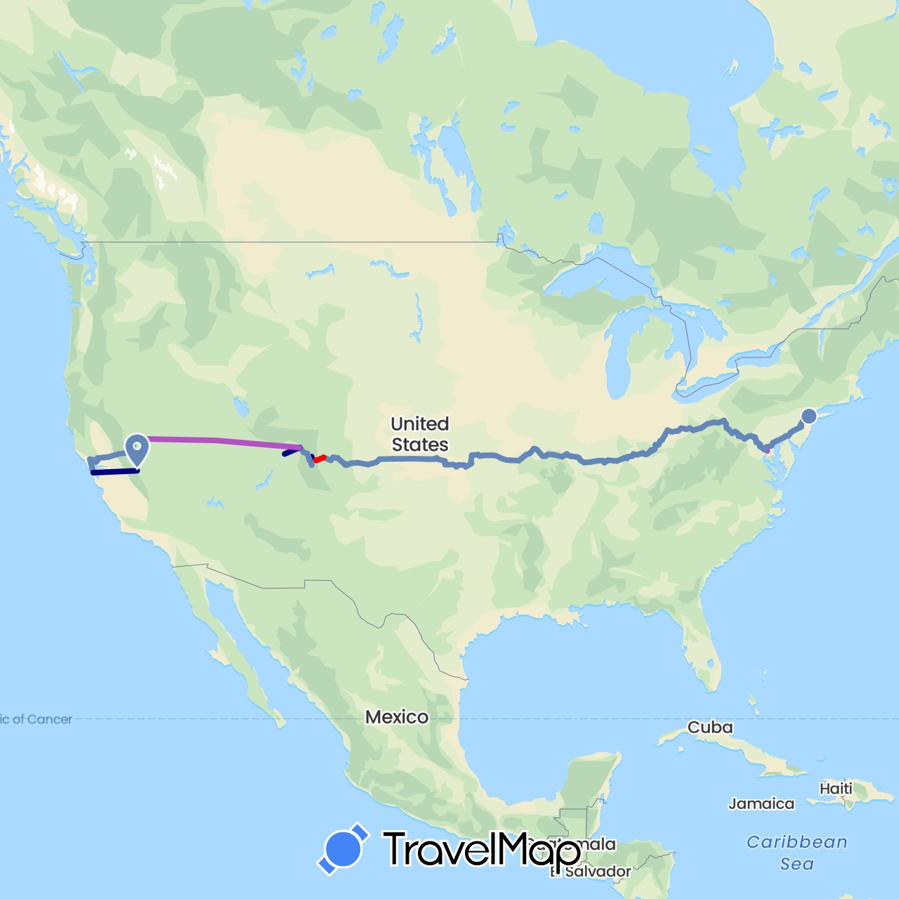 TravelMap itinerary: driving, cycling, train, huckepack in United States (North America)