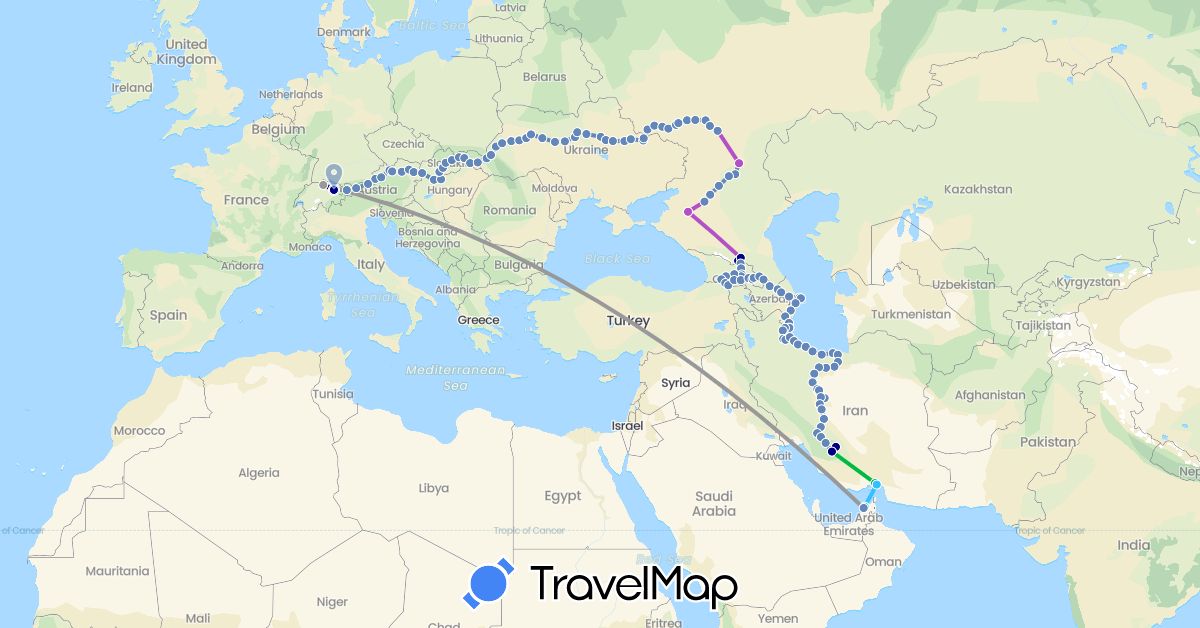 TravelMap itinerary: driving, bus, plane, cycling, train, boat in United Arab Emirates, Austria, Azerbaijan, Switzerland, Georgia, Hungary, Iran, Russia, Slovakia, Ukraine (Asia, Europe)