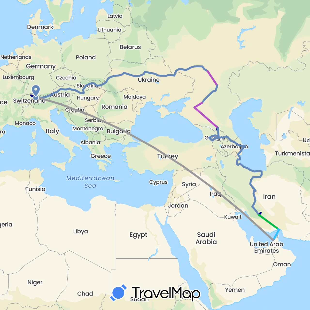 TravelMap itinerary: driving, bus, plane, cycling, train, boat in United Arab Emirates, Austria, Azerbaijan, Switzerland, Georgia, Hungary, Iran, Russia, Slovakia, Ukraine (Asia, Europe)