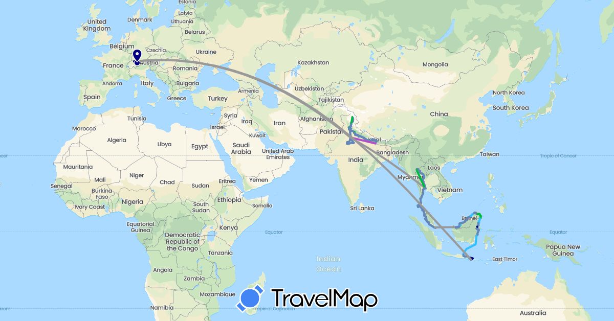 TravelMap itinerary: driving, bus, plane, cycling, train, hiking, boat in Brunei, Switzerland, Indonesia, India, Malaysia, Nepal, Singapore, Thailand (Asia, Europe)
