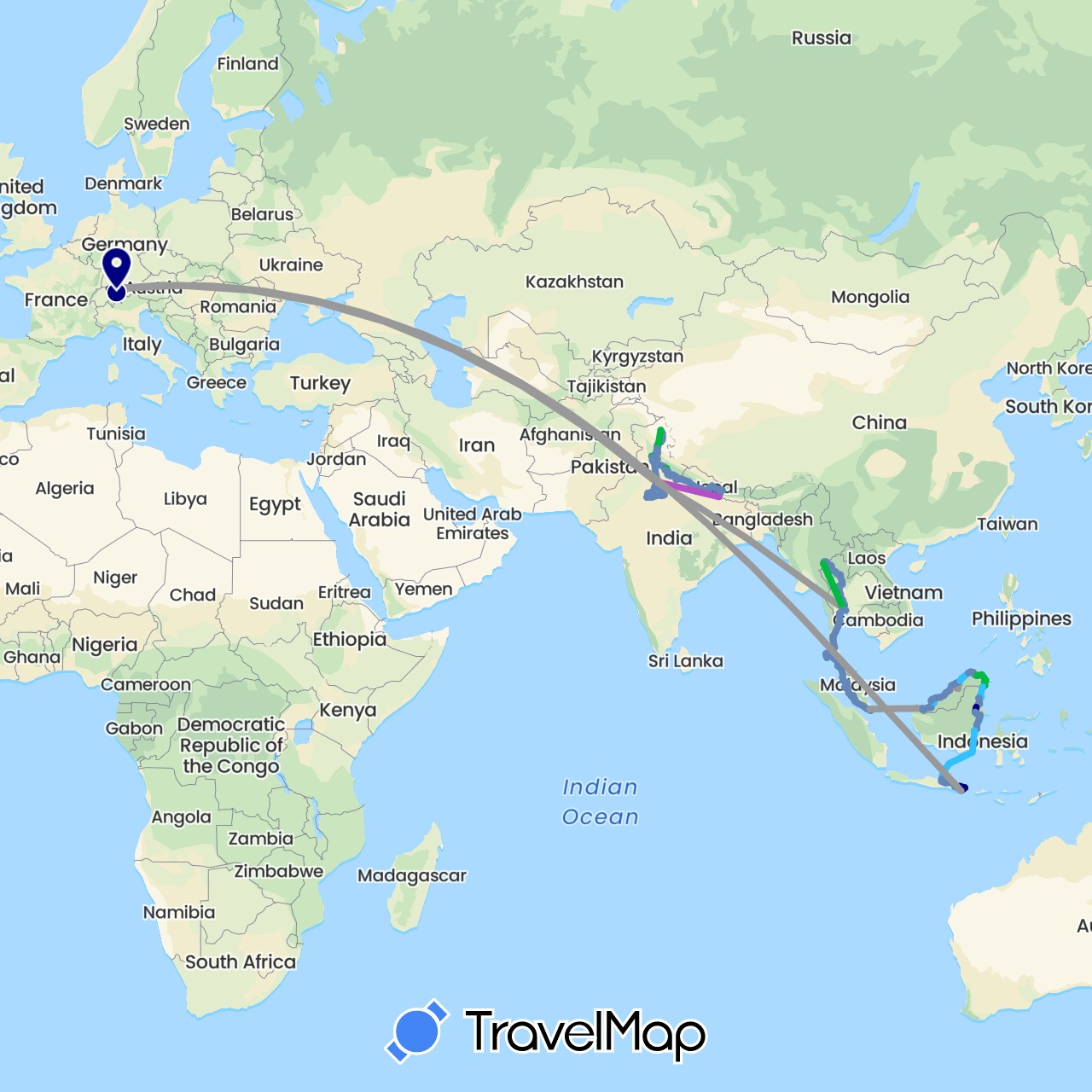 TravelMap itinerary: driving, bus, plane, cycling, train, hiking, boat in Brunei, Switzerland, Indonesia, India, Malaysia, Nepal, Singapore, Thailand (Asia, Europe)